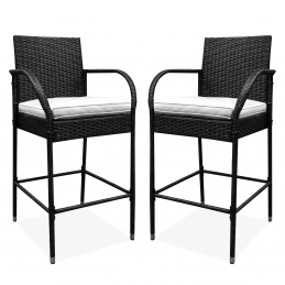 Aga 2er Set Barhocker mit Kissen & Fußstütze, Barstuhl Rattan mit stabilem Metallgestell bis 160 kg belastbar, Tresenhocker f'ur Terasse, Balkon, Weiss