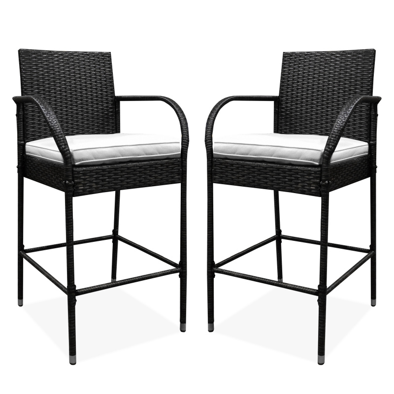 Aga 2er Set Barhocker mit Kissen & Fußstütze, Barstuhl Rattan mit stabilem Metallgestell bis 160 kg belastbar, Tresenhocker f'ur Terasse, Balkon, Weiss