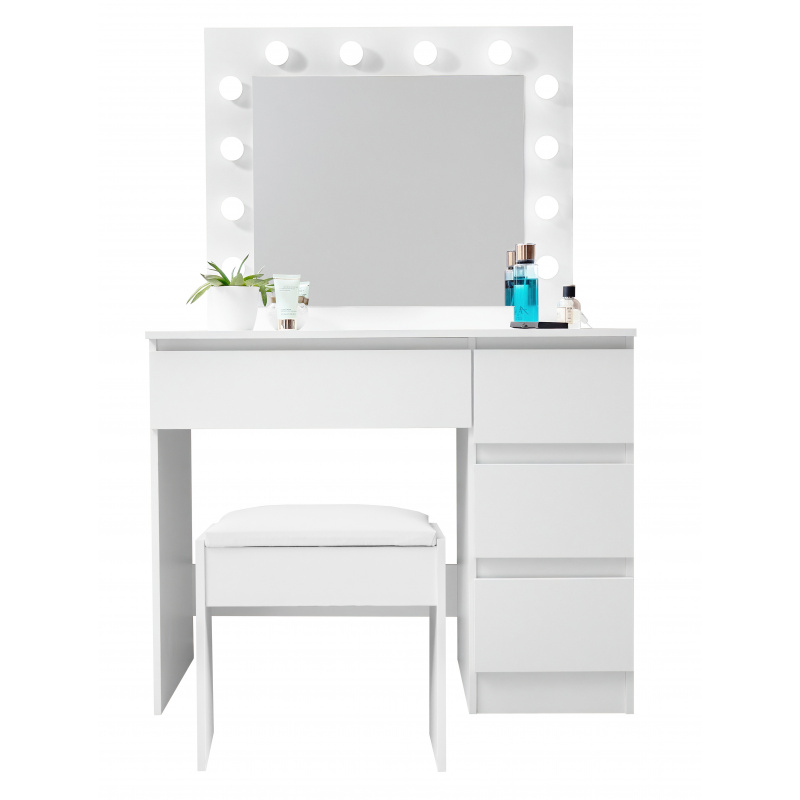 Aga Schminktisch mit Spiegel 12 LED Glühbirnen und gepolsterter Hocker Weiß matt
