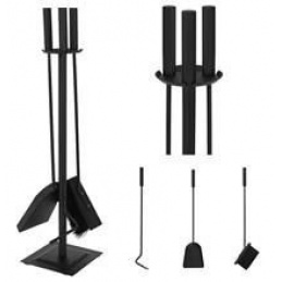 Kaminbesteck, 4-teilige Kamingarnitur mit Schaufel, Besen, Schürhaken & Halter, Ofenbesteck modern, schwarz