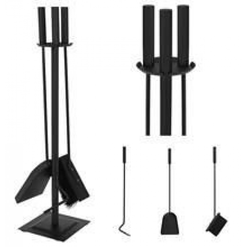 Kaminbesteck, 4-teilige Kamingarnitur mit Schaufel, Besen, Schürhaken & Halter, Ofenbesteck modern, schwarz