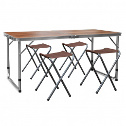 Aga Camping Set – Faltbarer Campingtisch mit 4 Hockern – höhenverstellbar –  kompakt & wetterfest - Aluminium – Koffertisch für 4 Personen - Braun
