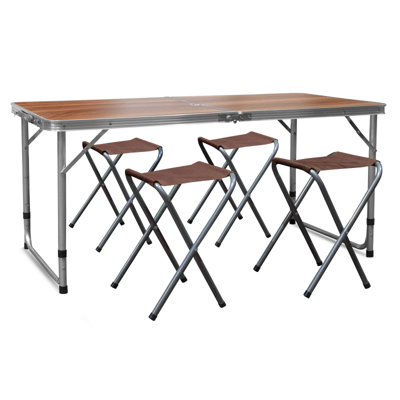 Aga Camping Set – Faltbarer Campingtisch mit 4 Hockern – höhenverstellbar –  kompakt & wetterfest - Aluminium – Koffertisch für 4 Personen - Braun