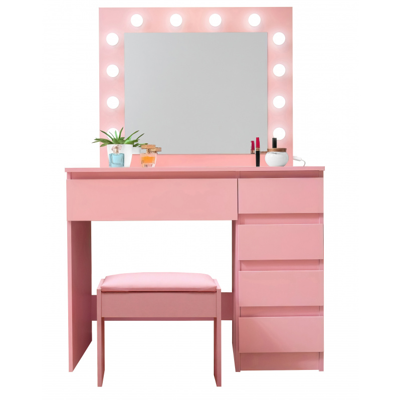 Aga Schminktisch mit Spiegel und Beleuchtung + Hocker Rosa