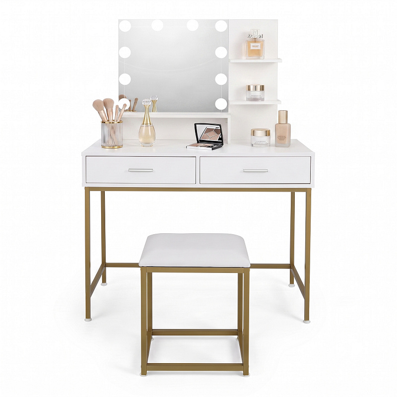Aga Schminktisch mit Spiegel und LED-Beleuchtung + Hocker Mattweiß