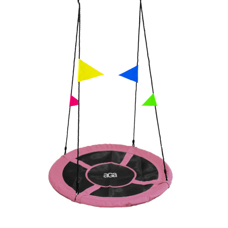 Aga Nestschaukel 90 cm, Rundschaukel, Schaukel verstellbar Garten-Schaukel 150 Kg belastbar, Kinderschaukel Tellerschaukel Hängeschaukel, Rosa mit Fahnen
