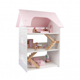 Aga4Kids Puppenhaus mit handgefertigten Holzmöbeln für Kinder, 3 Stockwerke mit Treppe