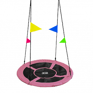 Aga Nestschaukel 110 cm, Schaukel verstellbar Garten-Schaukel 150 Kg belastbar, Rundschaukel für Kinder und Erwachsene Tellerschaukel Hängeschaukel, Rosa mit Fahnen
