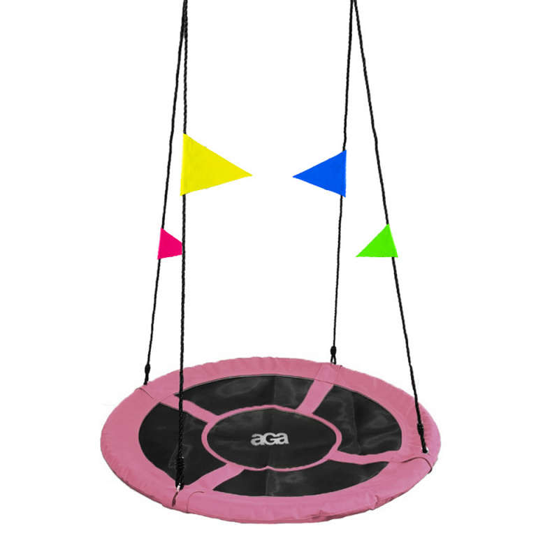 Aga Nestschaukel 110 cm, Schaukel verstellbar Garten-Schaukel 150 Kg belastbar, Rundschaukel für Kinder und Erwachsene Tellerschaukel Hängeschaukel, Rosa mit Fahnen