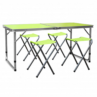 Aga Camping Set – Faltbarer Campingtisch mit 4 Hockern – höhenverstellbar –  kompakt & wetterfest - Aluminium – Koffertisch für 4 Personen - Grün