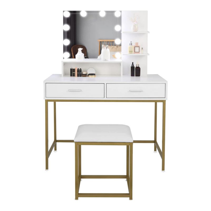 Aga Schminktisch mit Spiegel und LED-Beleuchtung + Hocker Mattweiß