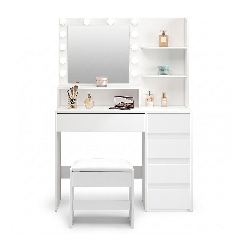 Aga Schminktisch mit Spiegel, LED Beleuchtung und gepolsterter Hocker MRDT16 Weiss