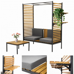 Pergola ogrodowa zabudowana ławka z oparciem i stolik zestaw