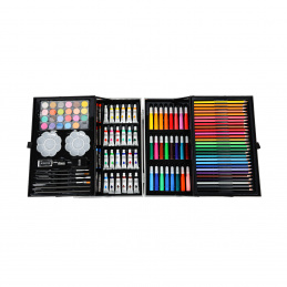 Aga4Kids Malkasten für Kinder 145 Teile Schwarz Zeichenset, Wachsmalstifte, Pastelle, Wasserfarben, Filzstifte, Pinsel,Radiergummi, Einzelteile im Koffer