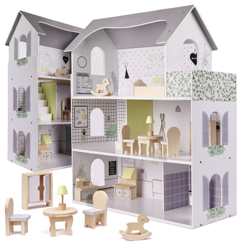 Aga Holzpuppenhaus + Möbel 70cm grau
