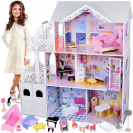 Duży Ażurowy Domek drewniany dla lalek + Winda Garaż Balkon Meble ZA5388 uniwersalny Duży Ażurowy Domek drewniany dla lalek + Winda Garaż Balkon Meble ZA5388 uniwersalny