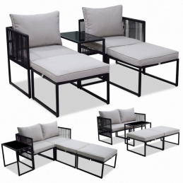 Zestaw ogrodowy na stalowym stelażu 2 fotele, stolik, 2 stołki i poduszki
