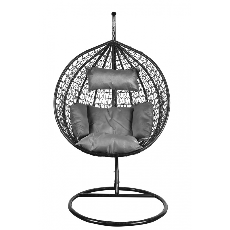 Aga Hängesessel mit Gestell und Kissen Hängekorb bis 120 kg ORTA Schwarz - Hellgrau, Hängestuhl, Hängekorb, Hängesessel mit Stahlskelett, Polyrattan Hängekorb, Hängesessel