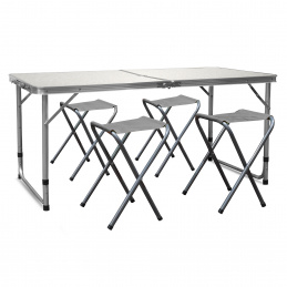 Aga Camping Set – Faltbarer Campingtisch mit 4 Hockern – höhenverstellbar –  kompakt & wetterfest - Aluminium – Koffertisch für 4 Personen - Weiss