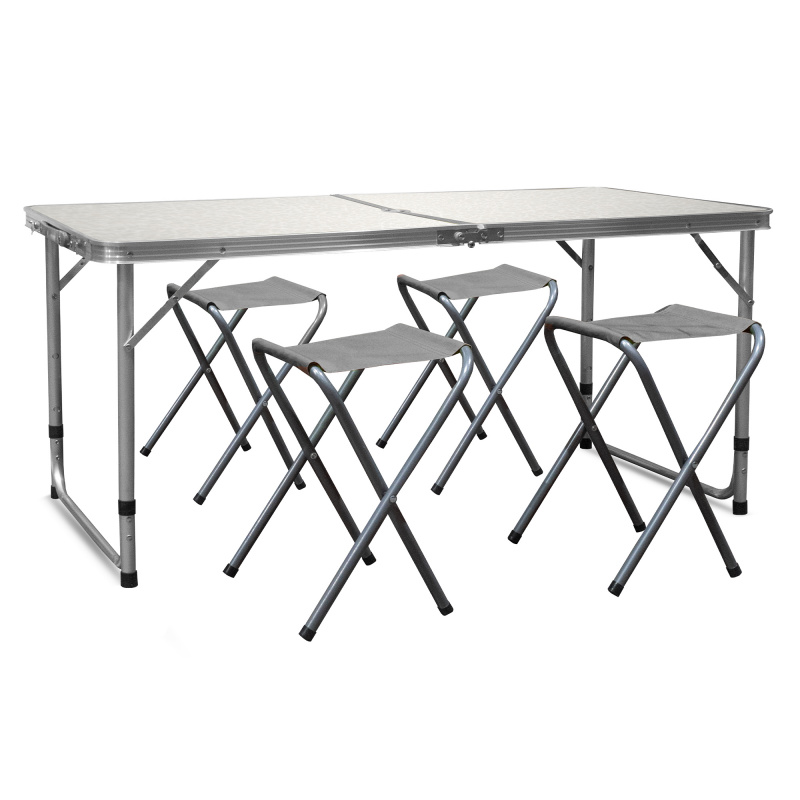 Aga Camping Set – Faltbarer Campingtisch mit 4 Hockern – höhenverstellbar –  kompakt & wetterfest - Aluminium – Koffertisch für 4 Personen - Weiss