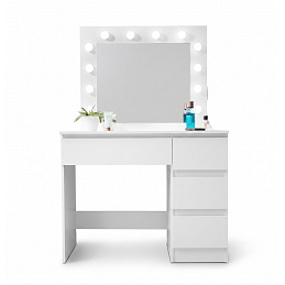 Aga Schminktisch mit 12 LED Glühbirnen,Kosmetiktisch,Schmiktisch mit 4 Schubladen Weiß matt
