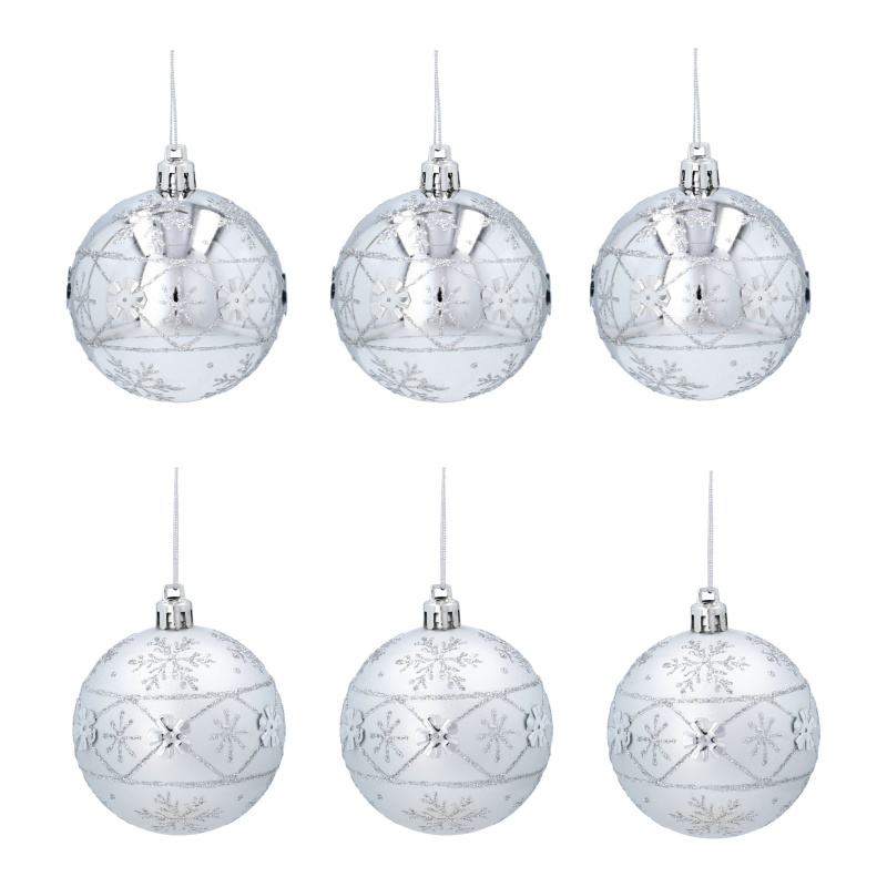 Aga Weihnachtskugeln 7cm 6 Stück Silber/Schneeflocken