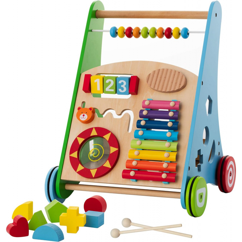 Aga4Kids Interaktive Lauflernhilfe aus Holz,Lauflernwagen,Lernspielzeug aus Holz