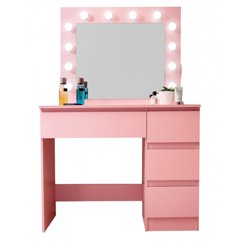 Aga Schminktisch mit 12 LED Glühbirnen,Kosmetiktisch,Schmiktisch mit 4 Schubladen Rosa