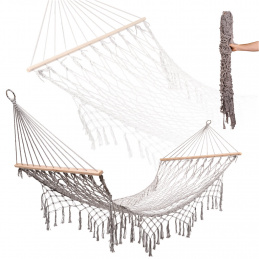 Zahradní houpací síť boho mesh střapec 200cm šedá