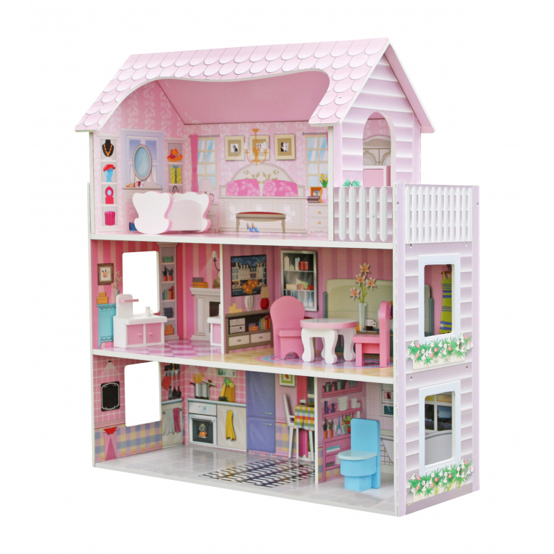 Aga4Kids Dreistöckiges Puppenhaus aus Holz mit Terasse und Holzmöbel ELIZABETH, Spielhaus für Puppen