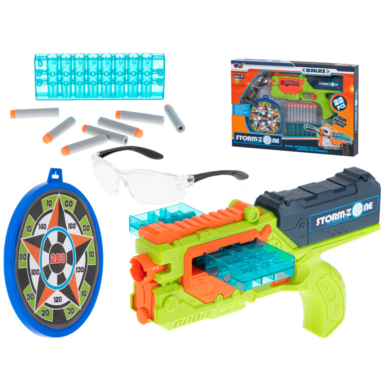 Aga Foam Dartpistole + Schutzbrille + Zielscheibe + 18 grüne Darts