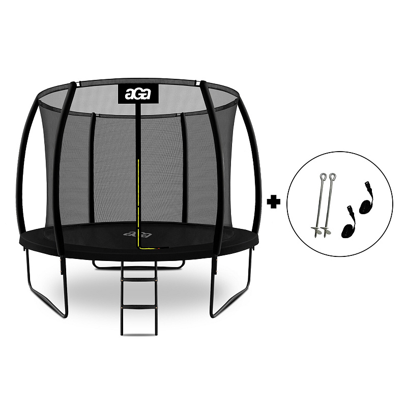 Aga SPORT EXCLUSIVE Trampolin 305 cm 10 ft Schwarz + Sicherheitsnetz + Leiter + Verankerungsset 2 Stück