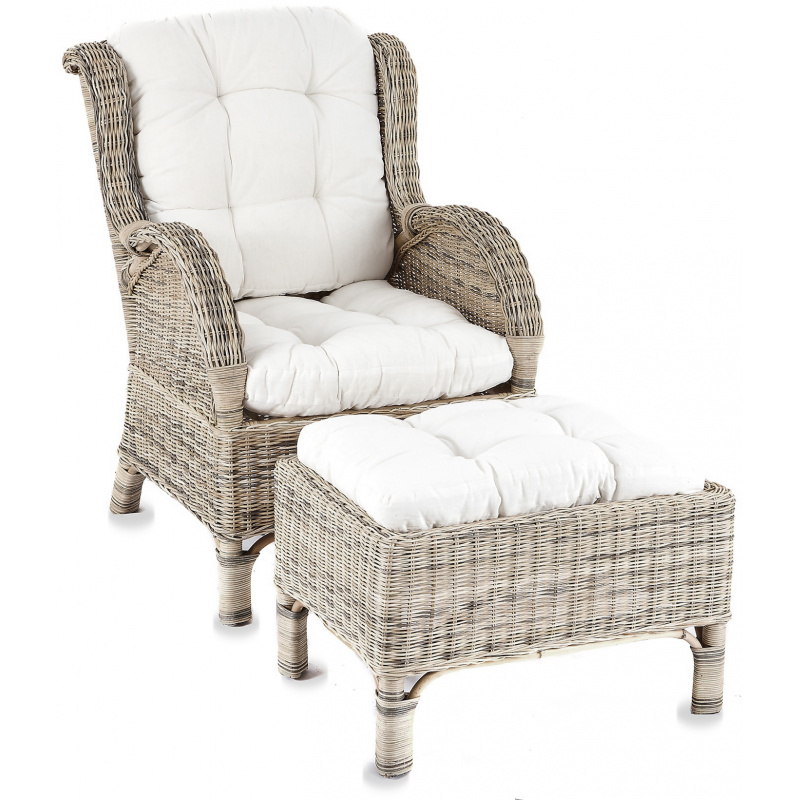 Aga Rattan-Sessel mit Hocker CONSUL RATTAN,Rattansessel mit Polsterung Hellgrau