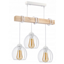 LED závěsné stropní svítidlo, dřevěný trám, 3xE27, drátěná koule - bílá