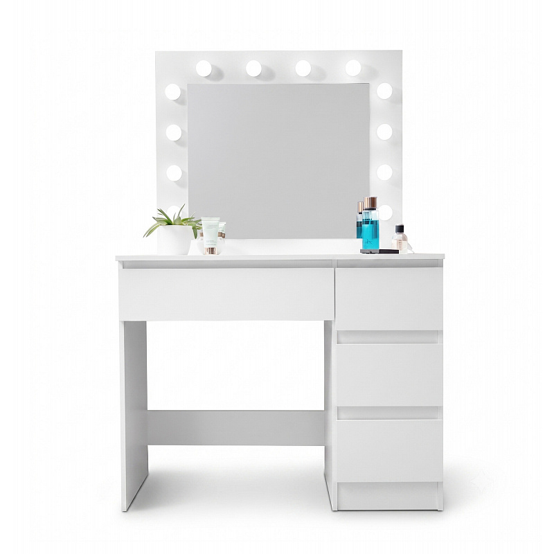 Aga Schminktisch mit 12 LED Glühbirnen,Kosmetiktisch mit 4 Schubladen  Weiß Matt