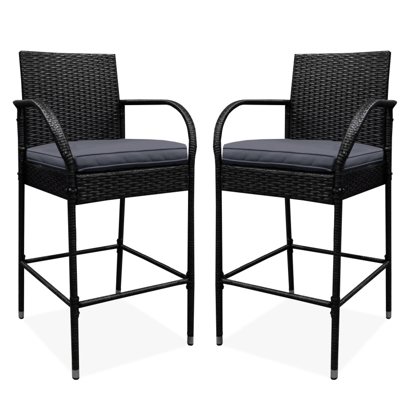 Aga 2er Set Barhocker mit Kissen & Fußstütze, Barstuhl Rattan mit stabilem Metallgestell bis 160 kg belastbar, Tresenhocker f'ur Terasse, Balkon, Grau