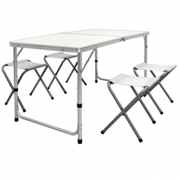 Linder Exclusiv Camping Set – Faltbarer Campingtisch mit 4 Hockern – höhenverstellbar –  kompakt & wetterfest - Aluminium – Koffertisch für 4 Personen - Weiss