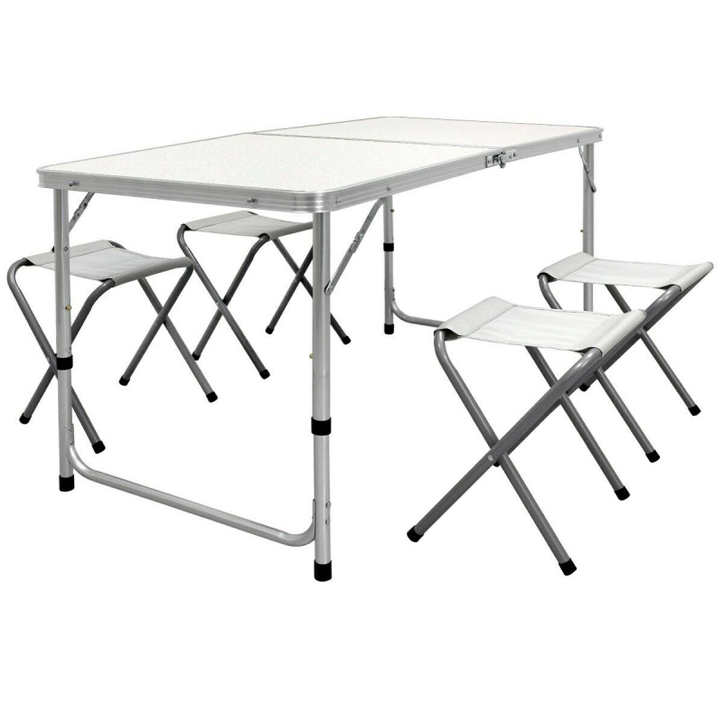Linder Exclusiv Camping Set – Faltbarer Campingtisch mit 4 Hockern – höhenverstellbar –  kompakt & wetterfest - Aluminium – Koffertisch für 4 Personen - Weiss