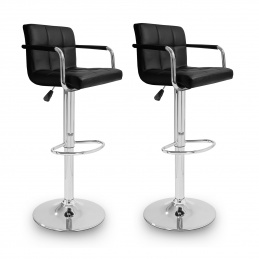 Aga 2er Set Barhocker Schwarz Kunstleder bis 100kg belastbar Höhe 90-110 cm Barstuhl mit Lehne und Armlehnen um 360° drehbar, Barhocker, Barstuhl, Bistrohocker