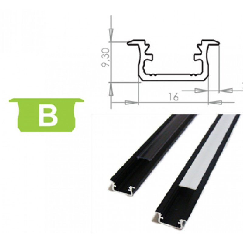 Aluminiumprofil für LED-Streifen B eingelassen schwarz eloxiert 1m