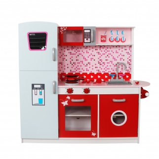 Aga4Kids Holzküche LUSSYS COOK WORLD in modernem Design mit reichhaltiger Ausstattung, Zwei-Platten-Herd, Backofen und Mikrowelle, Spüle mit Wasserhahn und Kühlschrank