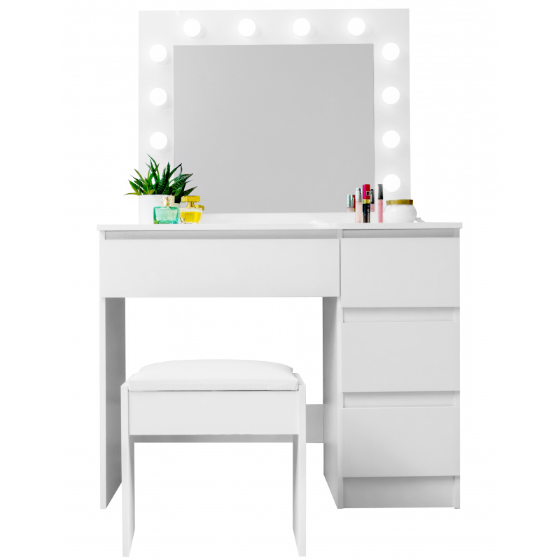 Aga Schminktisch mit Spiegel 12 LED Glühbirnen und gepolsterter Hocker  Weiß glänzend