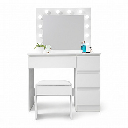 Aga Schminktisch mit Spiegel 12 LED Glühbirnen und gepolsterter Hocker Weiß matt