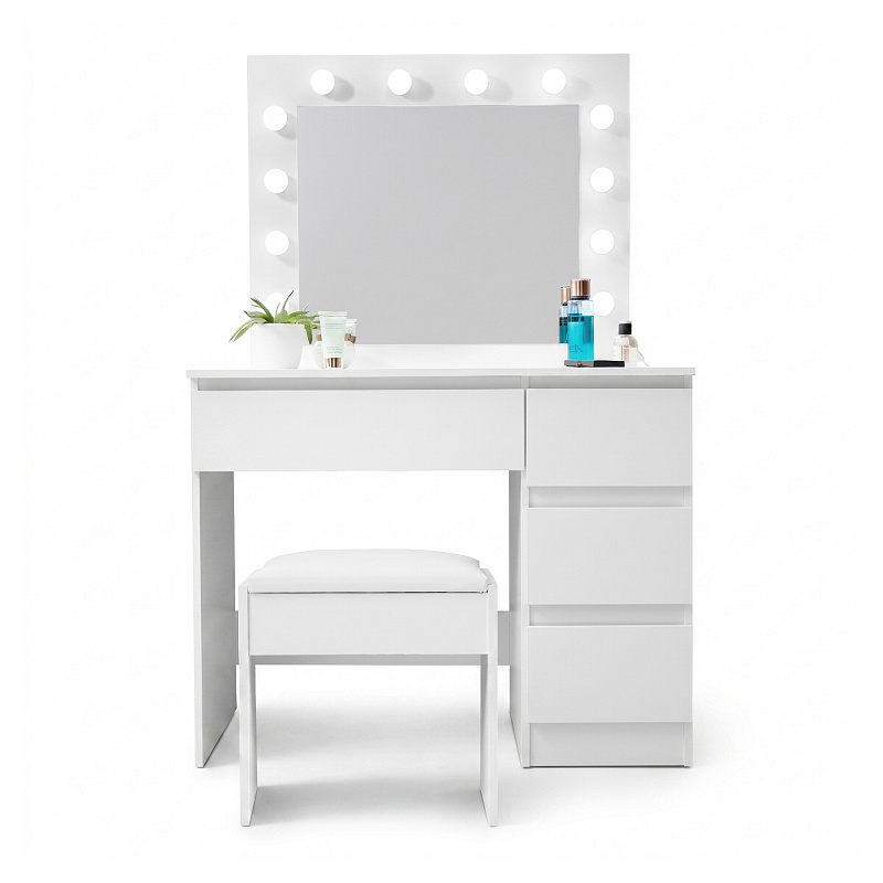 Aga Schminktisch mit Spiegel 12 LED Glühbirnen und gepolsterter Hocker Weiß matt