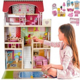 Dřevěný domeček pro panenky - vila s bazénem D11251