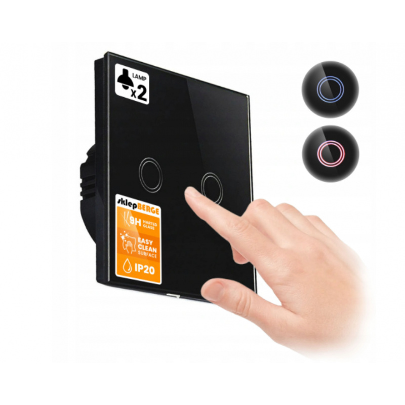 Skleněný dotykový vypínač dvojitý - černy - SKLO