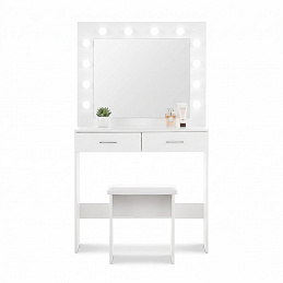 Aga Schminktisch mit Spiegel 12 LED Glühbirnen und gepolsterter Hocker Weiß matt