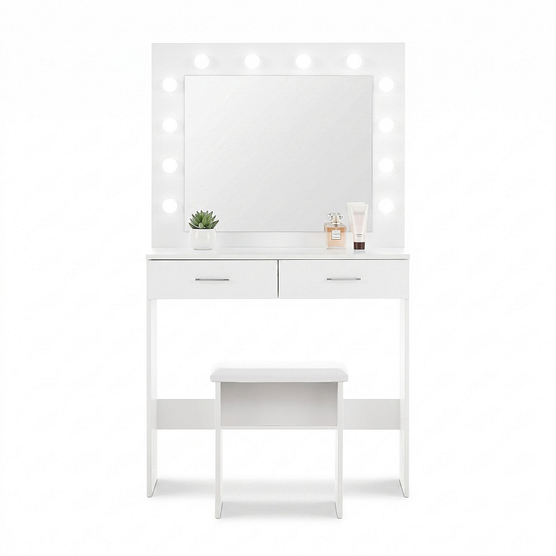 Aga Schminktisch mit Spiegel 12 LED Glühbirnen und gepolsterter Hocker Weiß matt
