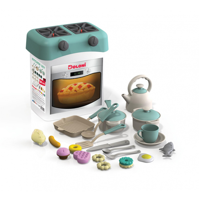 Doloni Plastikkinderküche, Spielküche mit Kochherd, Koch Pretend-Spielset mit 34-teiligem Spielzeug Nahrungs- und Kochgeschirr Zubehör, Türkis