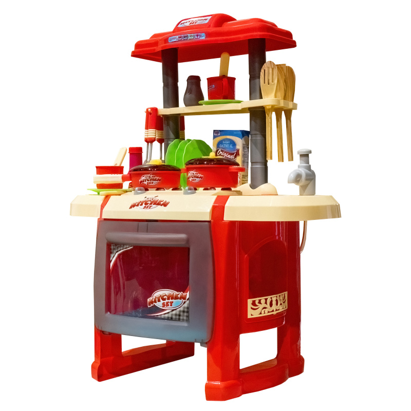 Aga4Kids Plastik-Kinderküche mit Zweiplattenherd und Backofen, Küchenspülbecken mit Wasserhahn, beleuchtete Brenner und Dunstabzugshaube, Rot